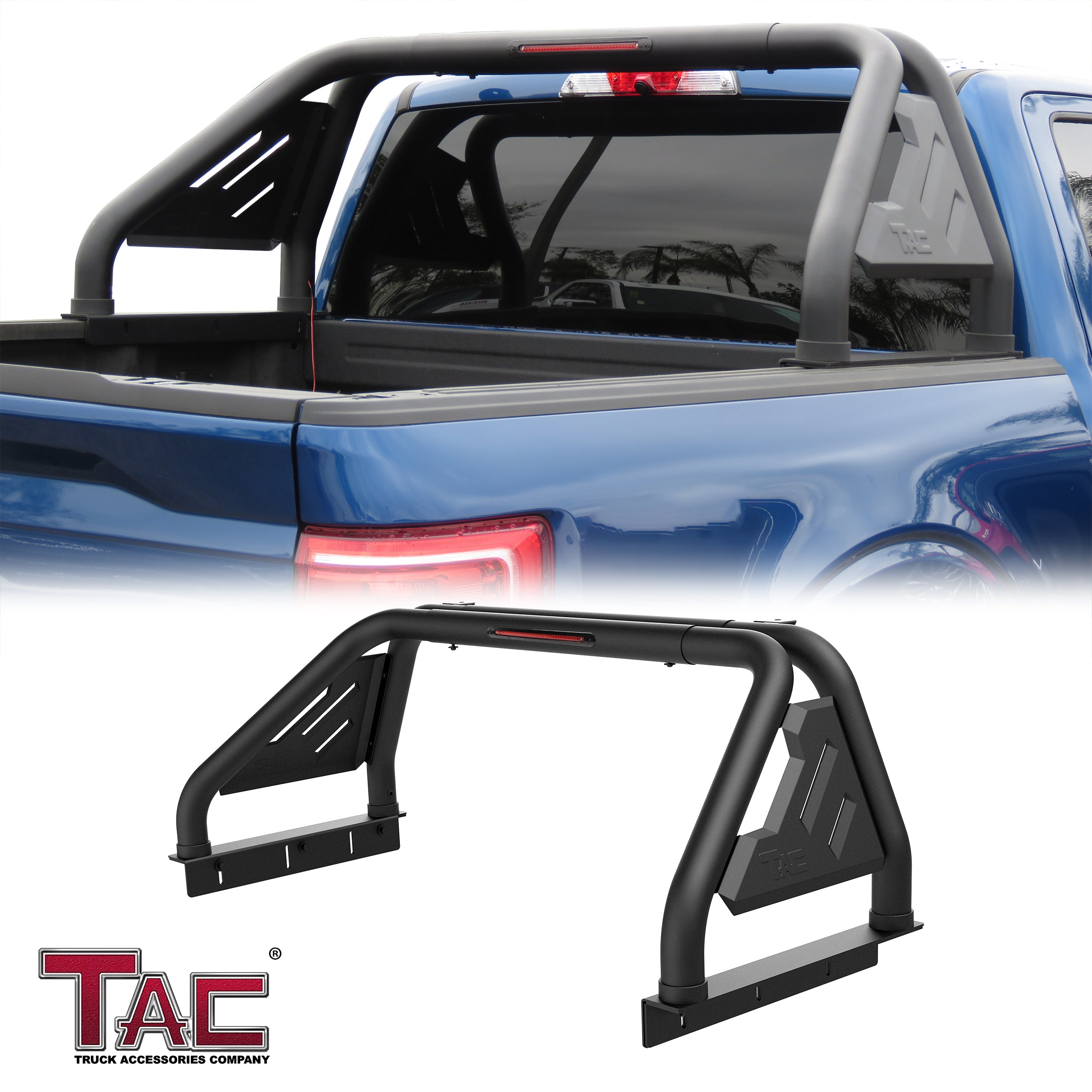 Fits 2007-2024 Tundra Full Size Pickup Truck Roll Bar| Sport Bar| With Brake Light| Carbon Steel Black(Include Mount Plate of LED Light)