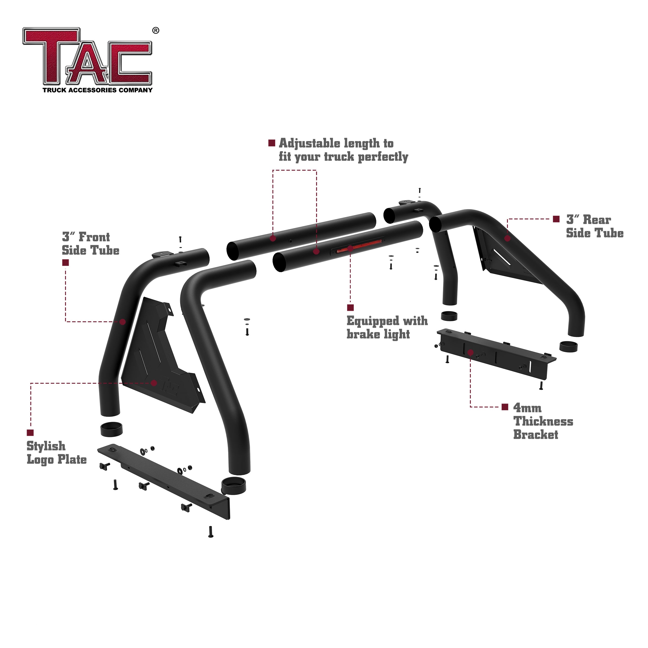 Fits 2005-2024 Nissan Frontier Full Size Pickup Truck Roll Bar| Sport Bar | With Brake Light | Carbon Steel Black (Include Mount Plate of LED Light)