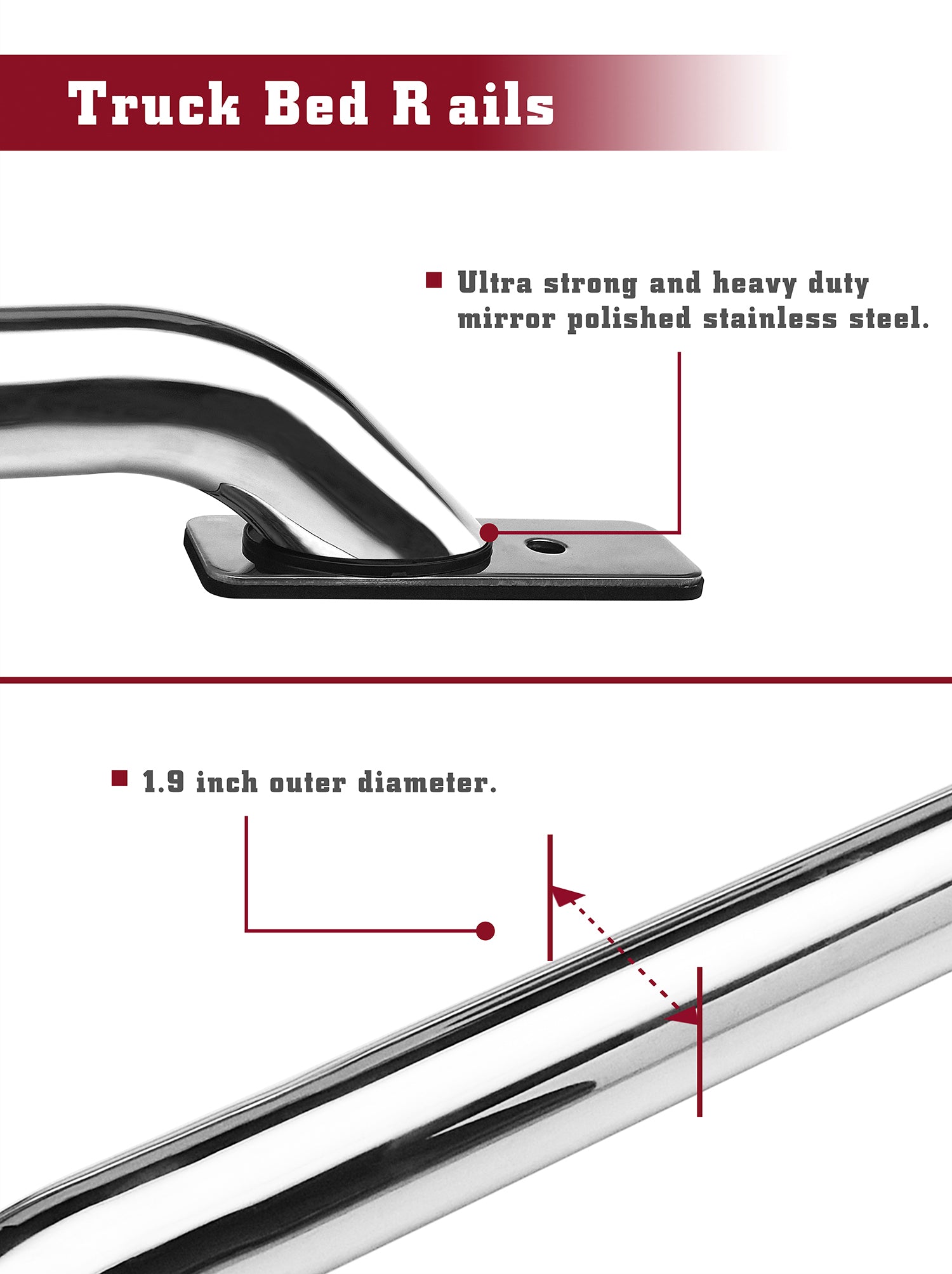 TAC Bed Rails fit 2014-2024 Chevy Silverado/Sierra 1500 | 2015-2019 Silverado/Sierra 2500/3500 6.5' Standard Bed (Exclude Denali CarbonPro Editions) Stainless Steel Truck Accessories -1 Pair