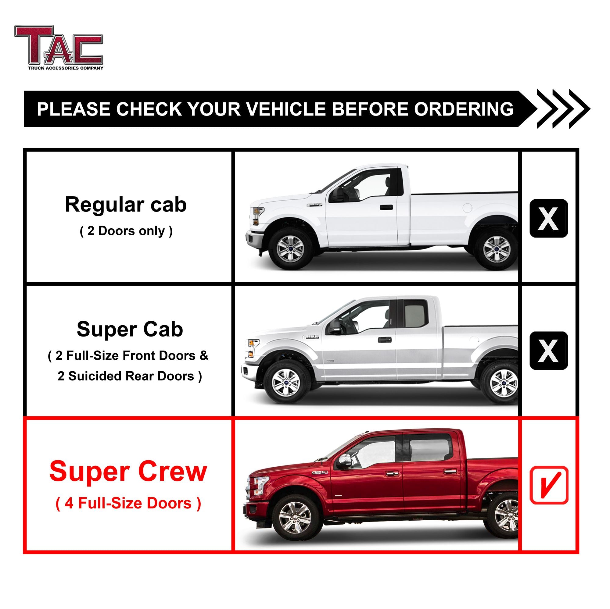 TAC Rocker Running Boards Compatible With 2015-2024 Ford F150 SuperCrew Cab | 2022-2024 F150 Lightning EV|2017-2024 F250/F350/F450/F550 Super Duty Crew Cab| Side Steps| Nerf Bars| Step Bars| Step Rails| Rock Sliders| Carbon Steel| Black (2 PCS) - 0