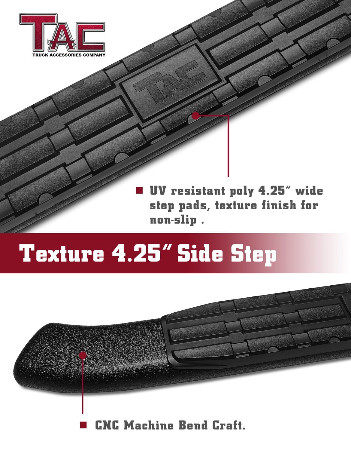 TAC Heavy Texture Black PNC Side Steps For 2020-2024 Jeep Gladiator 4 Door Truck | Running Boards | Nerf Bar | Side Bar