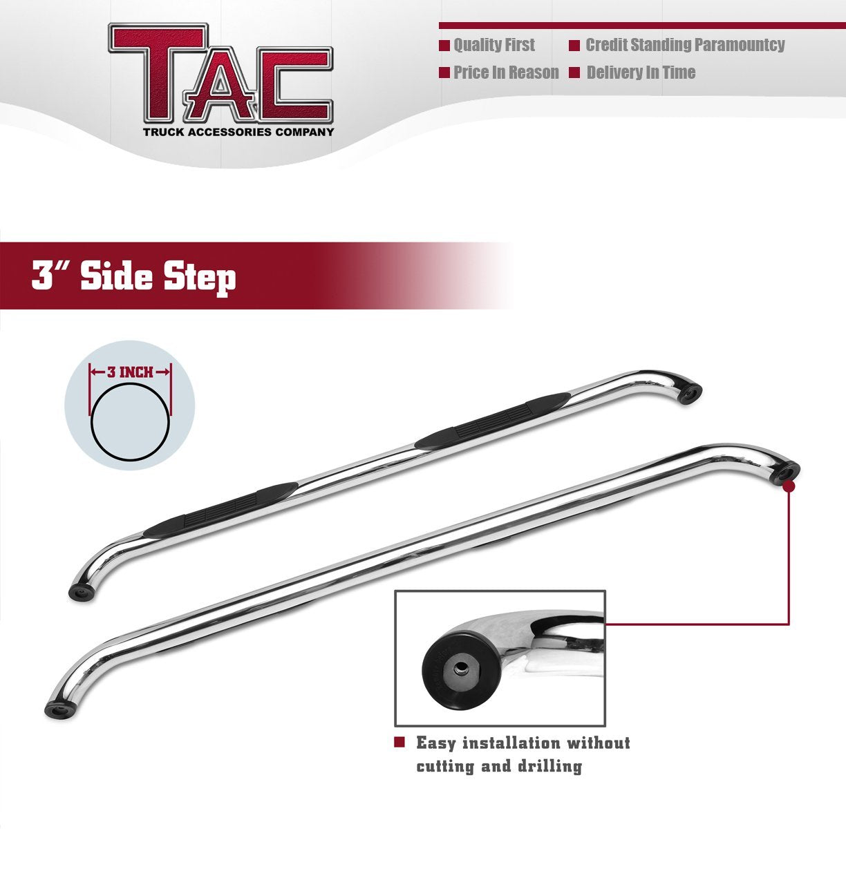 TAC 3" Stainless Steel Side Steps Compatible with 2015-2024 Ford F150 Supercrew Cab| 2022-2024 F150 Lightning EV Supercrew Cab| 2017-2024 Ford F250/ F350/F450/F550 Super Duty Crew Cab| Running Boards| Side Bars| Step Rails| Nerf Bars (2 PCS)