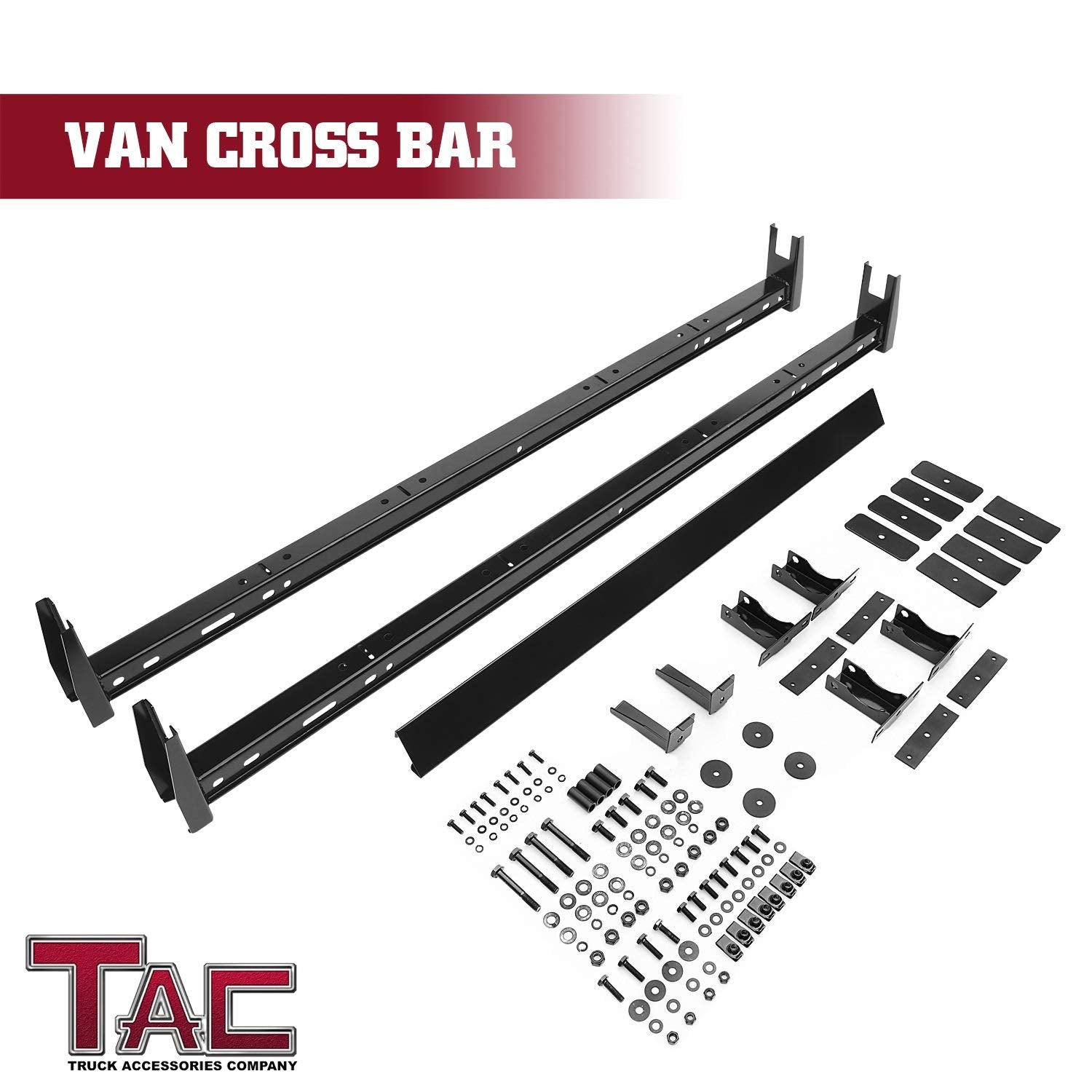 TAC Gloss Black Universal 2 Bars Roof Ladder Rack for Van Without Rain Gutter (600 LBS Capacity)