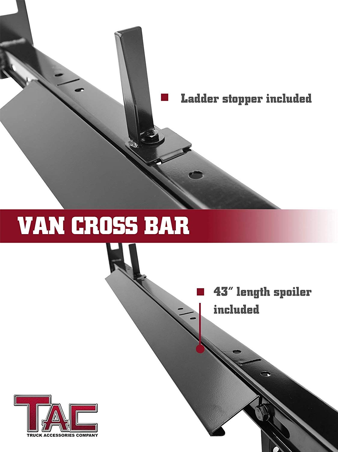 TAC Gloss Black Universal 2 Bars Roof Ladder Rack for Van Without Rain Gutter (600 LBS Capacity)