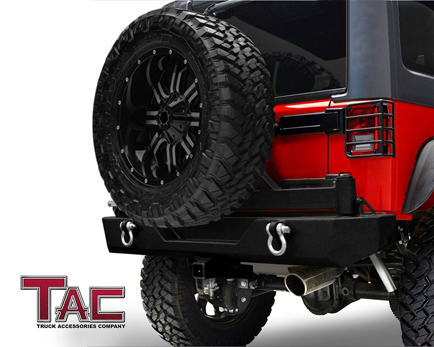TAC Heavy Texture Black Rear Bumper and Swing Tire Carrier for 2007-2018 Jeep Wrangler JK (Exclude 18 JL Models)(2" Hitch Receiver and 4.75 Ton D-Rings Included) Front Bumper Brush Grille Guard Nudge Bar - 0