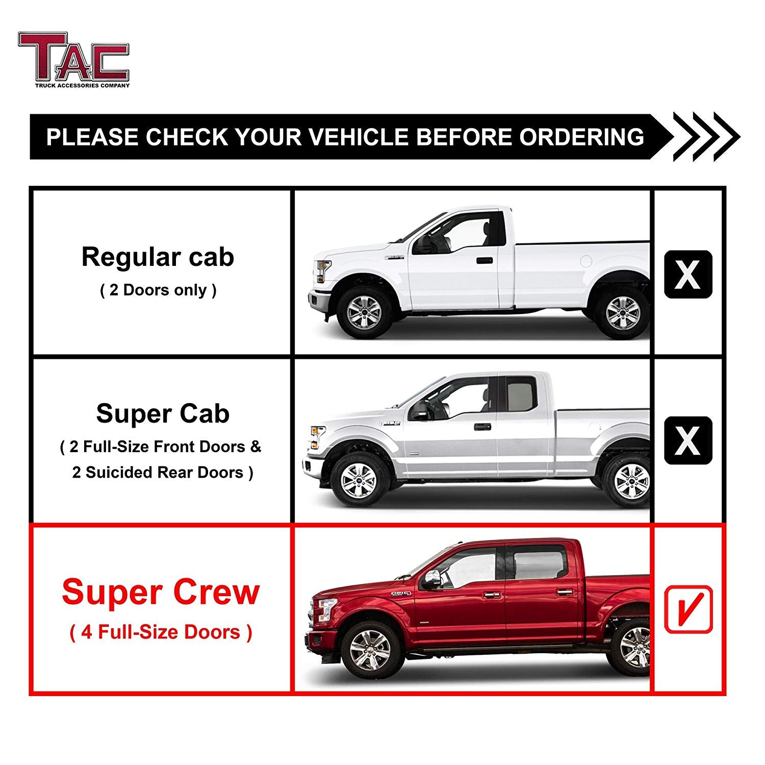 TAC 3" Texture Black Side Steps Compatible with 2015-2024 Ford F150 Supercrew Cab| 2022-2024 F150 Lightning EV| 2017-2024 Ford F250/F350/F450/F550 Crew Cab| Running Boards| Side Bars| Step Rails| Nerf Bars| Rocker Slider| Truck Accessories (2 PCS)