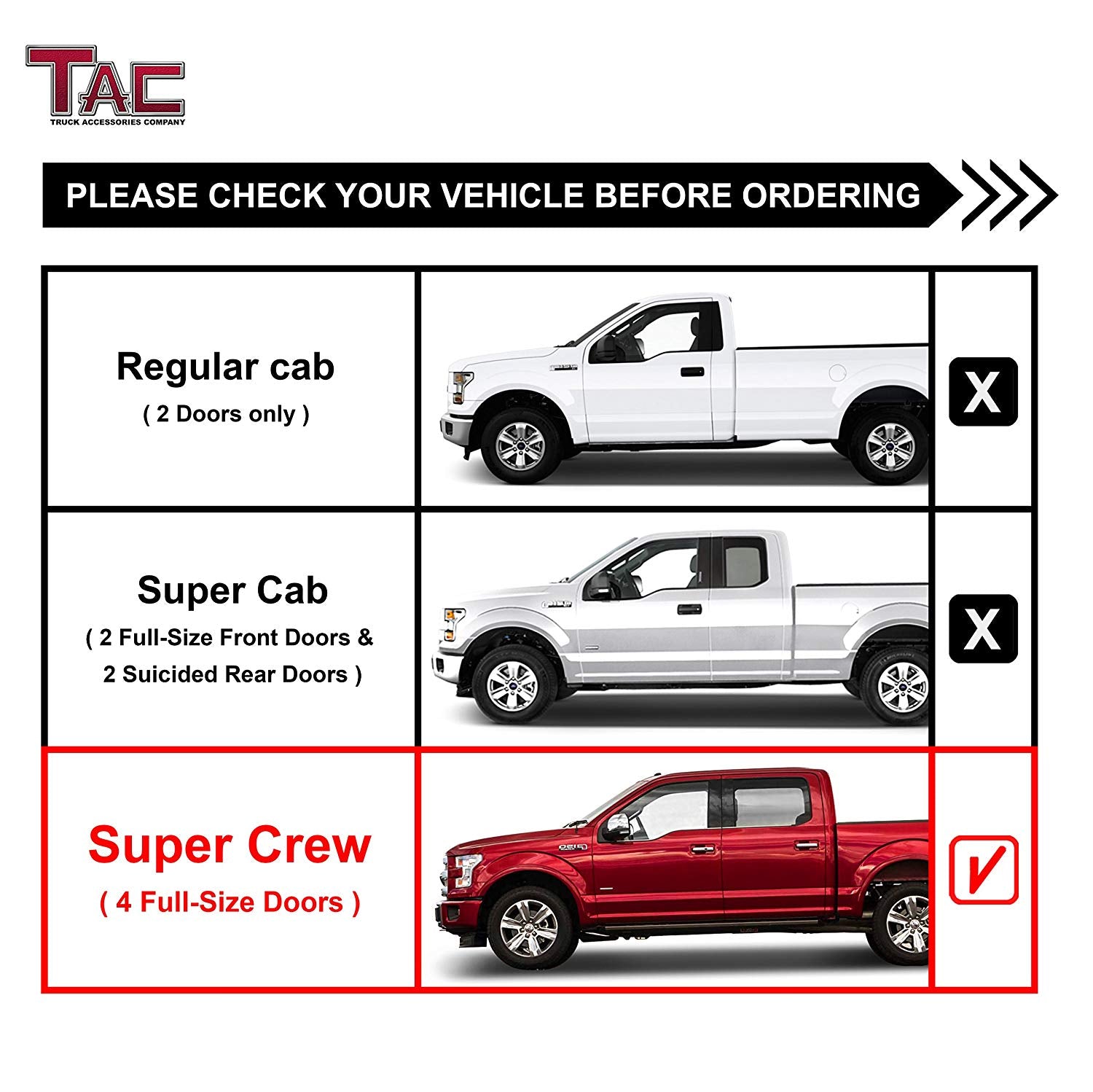 TAC 3" Stainless Steel Side Steps Compatible with 2015-2024 Ford F150 Supercrew Cab| 2022-2024 F150 Lightning EV Supercrew Cab| 2017-2024 Ford F250/ F350/F450/F550 Super Duty Crew Cab| Running Boards| Side Bars| Step Rails| Nerf Bars (2 PCS)