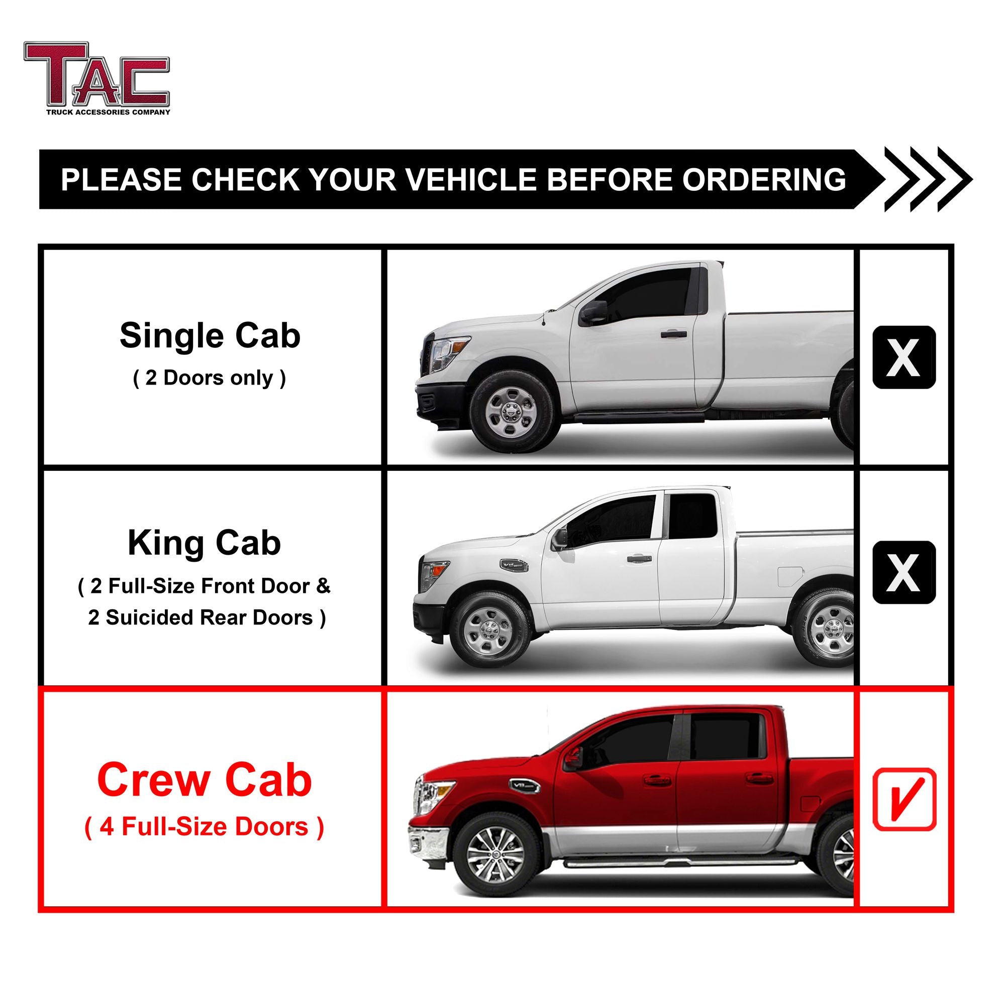 TAC Spear Running Boards Compatible with 2004-2024 Nissan Titan/2016-2024 Tian XD Crew Cab 6" Side Step Rail Nerf Bar Truck Accessories Aluminum Texture Black Width Body and Soft top Lightweight 2Pcs