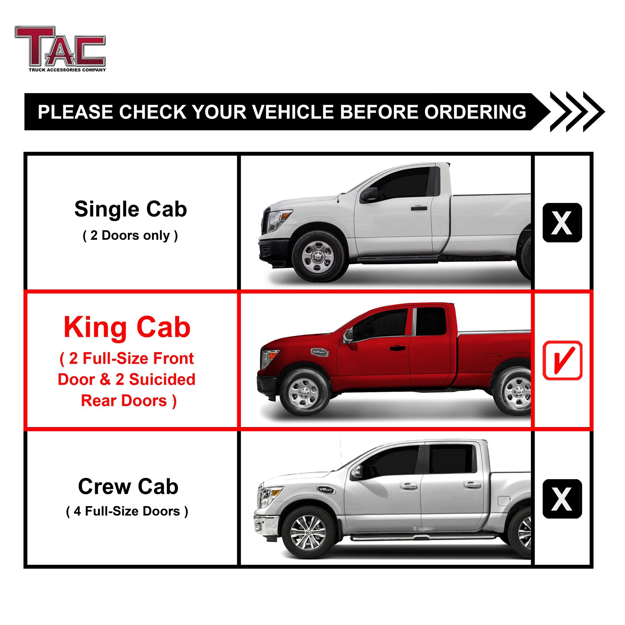 TAC 3" Gloss Black Side Steps Compatible with 2004-2015/ 2017-2023 Nissan Titan King Cab/ 2016-2019 Nissan Titan XD King Cab| Running Boards| Side Bars| Step Rails| Nerf Bars| Rocker Slider| Pickup Truck Accessories (2 PCS)